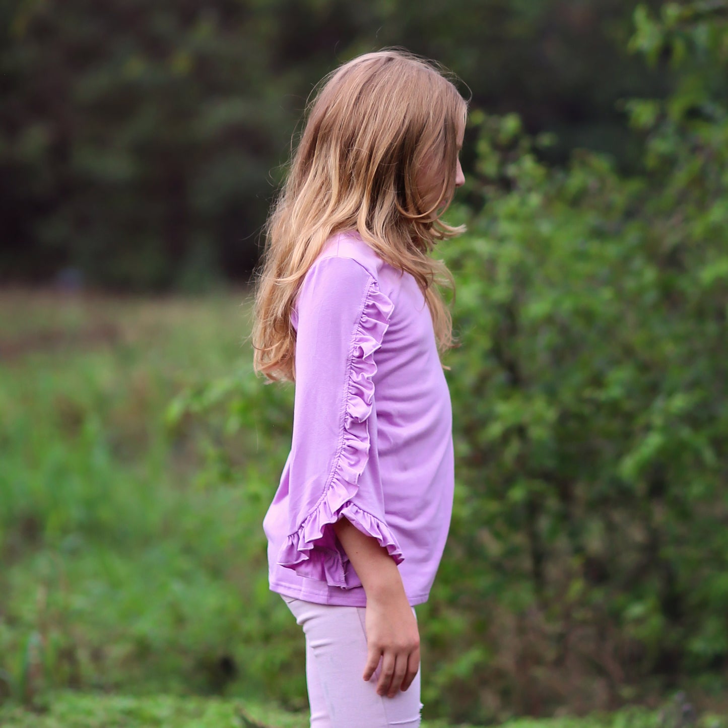 Girls Lavender Ruffled Sleeve Shirt - purple shirt, ruffled shirt, girls shirt, school shirt, gift for her tee, 3/4 sleeve ruffled shirt