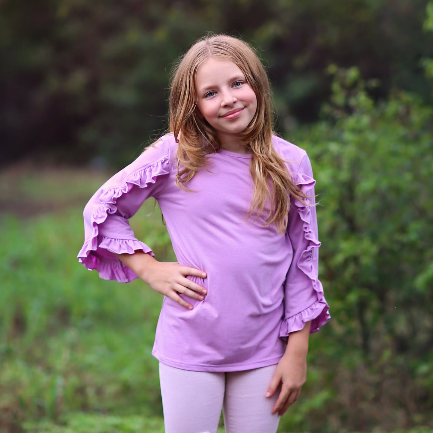 Girls Lavender Ruffled Sleeve Shirt - purple shirt, ruffled shirt, girls shirt, school shirt, gift for her tee, 3/4 sleeve ruffled shirt