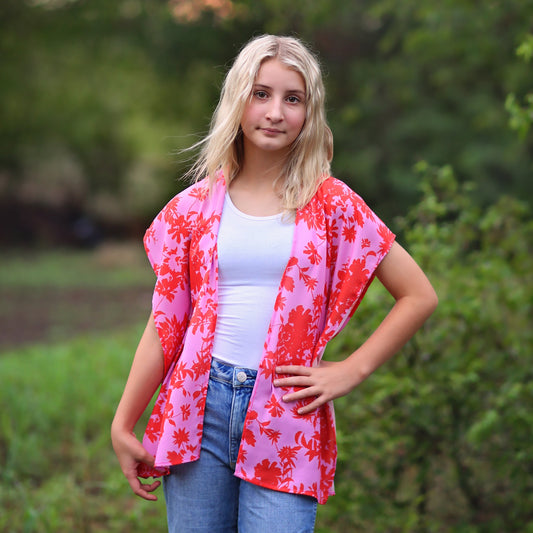 Pink and Red Floral Kimono - kimono, open flower shirt, boho kimono, kimono shirt, girls kimono, jacket, cardigan, beach cover up, layers