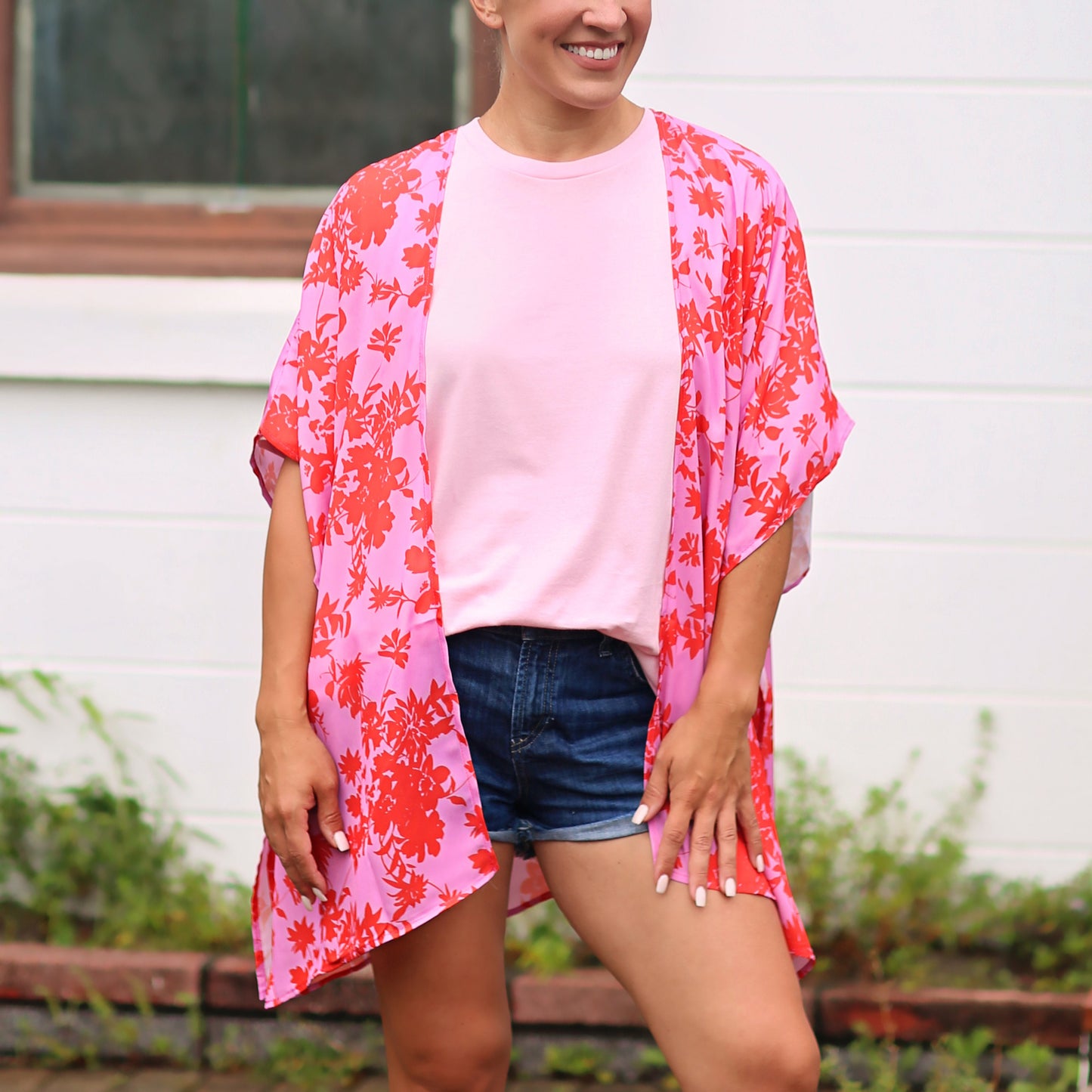 Pink and Red Floral Kimono - kimono, open flower shirt, boho kimono, kimono shirt, girls kimono, jacket, cardigan, beach cover up, layers