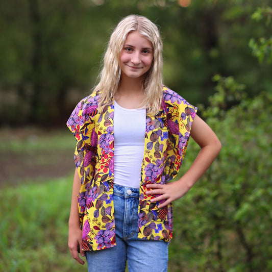 Yellow, Pink, Lavender Floral Kimono- kimono, open flower shirt, boho kimono, kimono shirt, girls kimono, jacket, cardigan, beach cover up