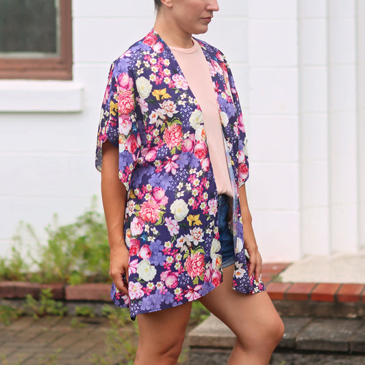 Purple Roses Kimono- kimono, open flower shirt, boho kimono, kimono shirt, girls kimono, jacket, cardigan, beach cover up, oversized shirt