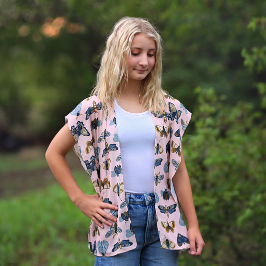 Pink and Mint Moth Kimono- kimono, open flower shirt, boho kimono, kimono shirt, girls kimono, jacket, cardigan, beach cover up, large shirt