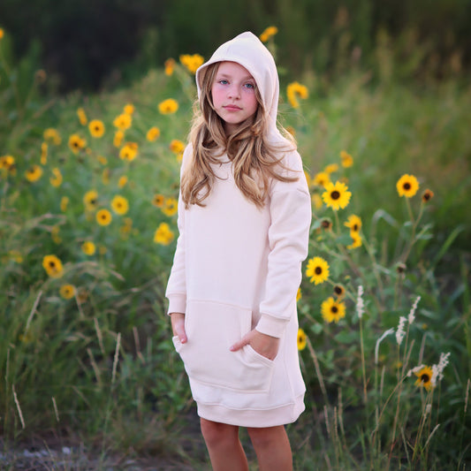 Girls Cream Hoodie Dress - off white dress, beige hoodie, hoodie dress, cream fall dress, basic hoodie dress, sweatshirt dress, jersey dress