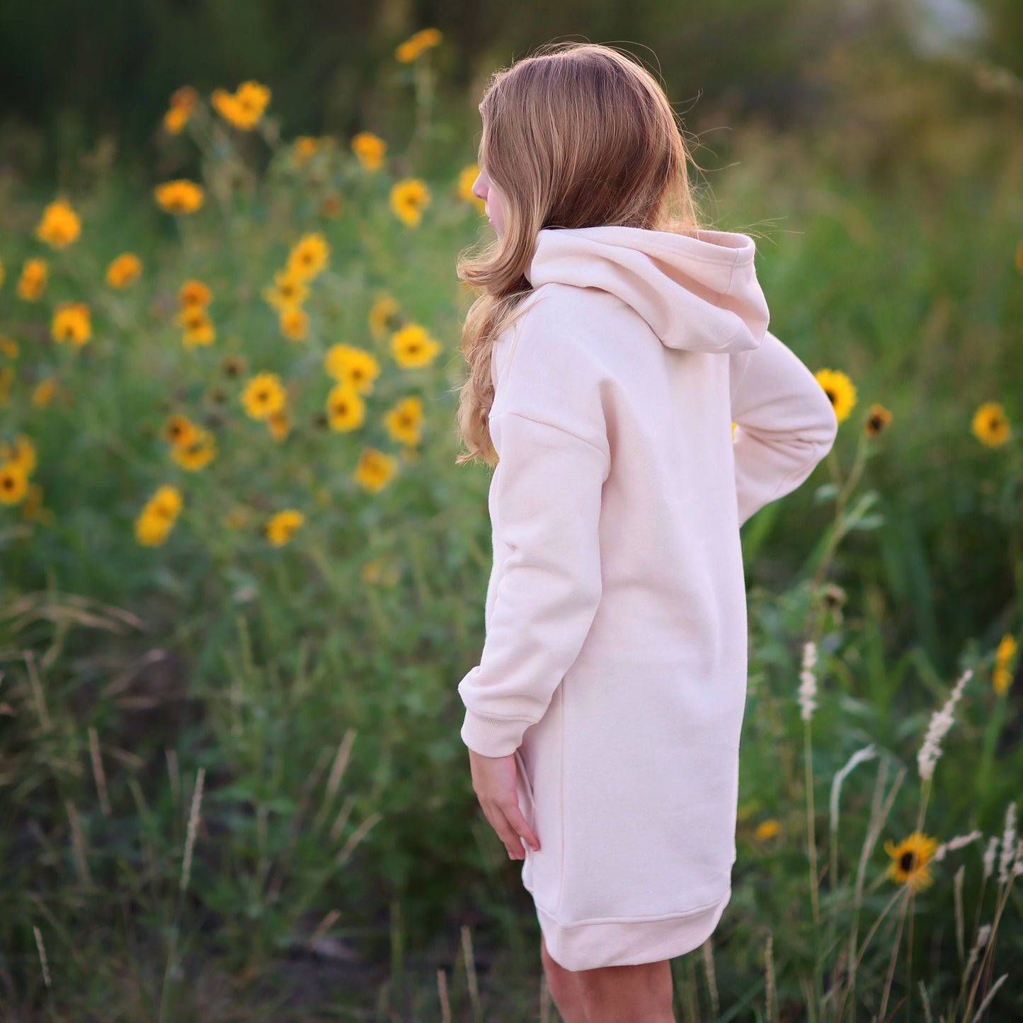 Girls Cream Hoodie Dress - off white dress, beige hoodie, hoodie dress, cream fall dress, basic hoodie dress, sweatshirt dress, jersey dress