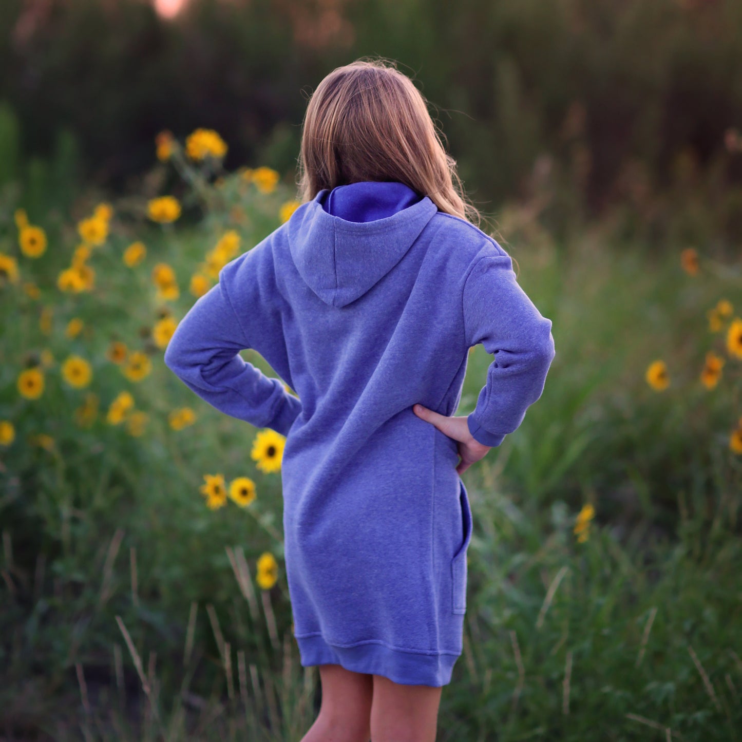 Girls Faded Blue Hoodie Dress-  blue hoodie, blue hoodie dress, fall dress, basic hoodie dress, blue sweatshirt dress, blue jersey dress