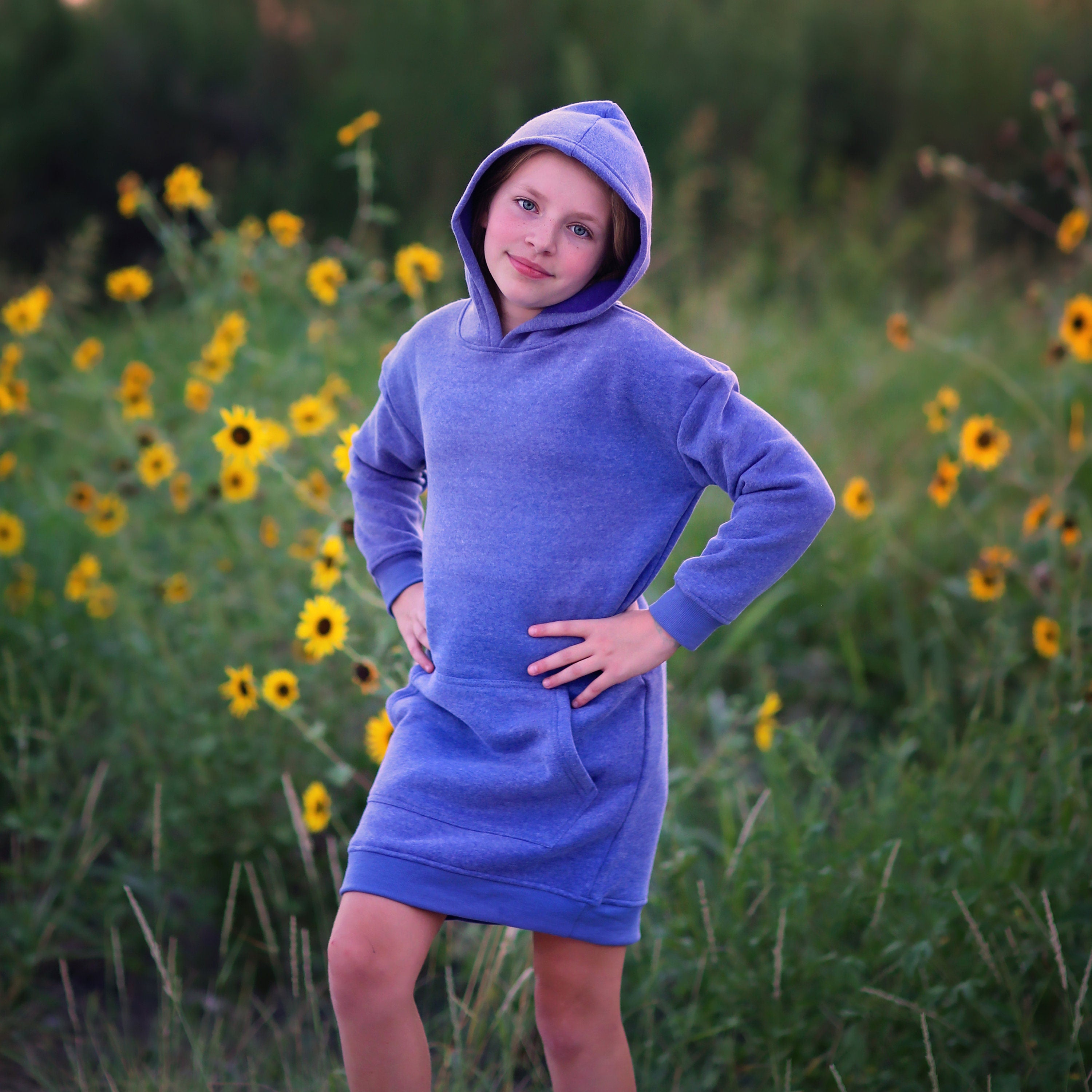 Girls Faded Blue Hoodie Dress-  blue hoodie, blue hoodie dress, fall dress, basic hoodie dress, blue sweatshirt dress, blue jersey dress