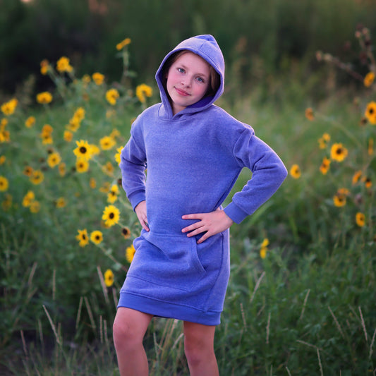 Girls Faded Blue Hoodie Dress- blue hoodie, blue hoodie dress, fall dress, basic hoodie dress, blue sweatshirt dress, blue jersey dress