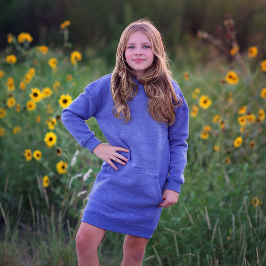 Girls Faded Blue Hoodie Dress- blue hoodie, blue hoodie dress, fall dress, basic hoodie dress, blue sweatshirt dress, blue jersey dress
