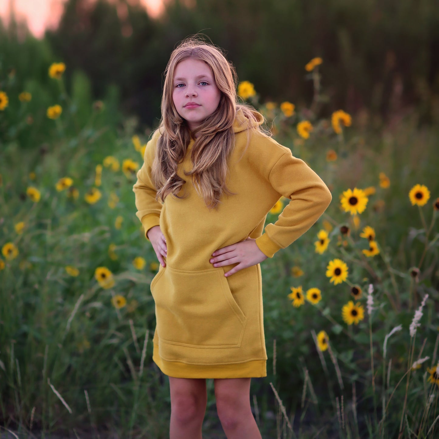 Girls Yellow Hoodie Dress- yellow hoodie, yellow hoodie dress, fall dress, basic hoodie dress, yellow sweatshirt dress, yellow jersey dress