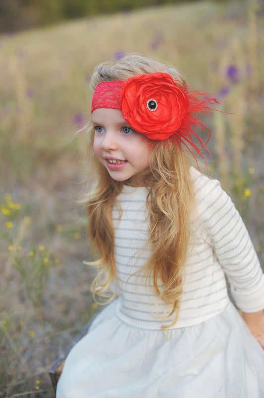 Red Large Flower Feather Headband- Floral Lace Headband, Flower Crown, Floral, Headpiece, Boho Headband, Boho Flower Crown, Christmas Bow