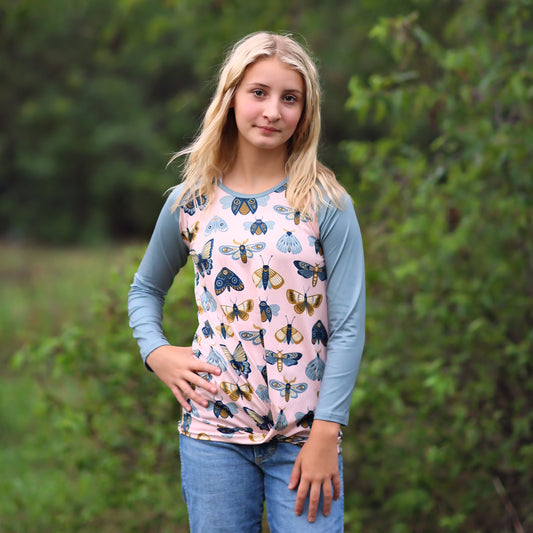 Girls Pink and Mint Moth Raglan Shirt - baseball tee, moth shirt, butterfly, moths, henley, raglan shirt, gift for her, girl birthday gift