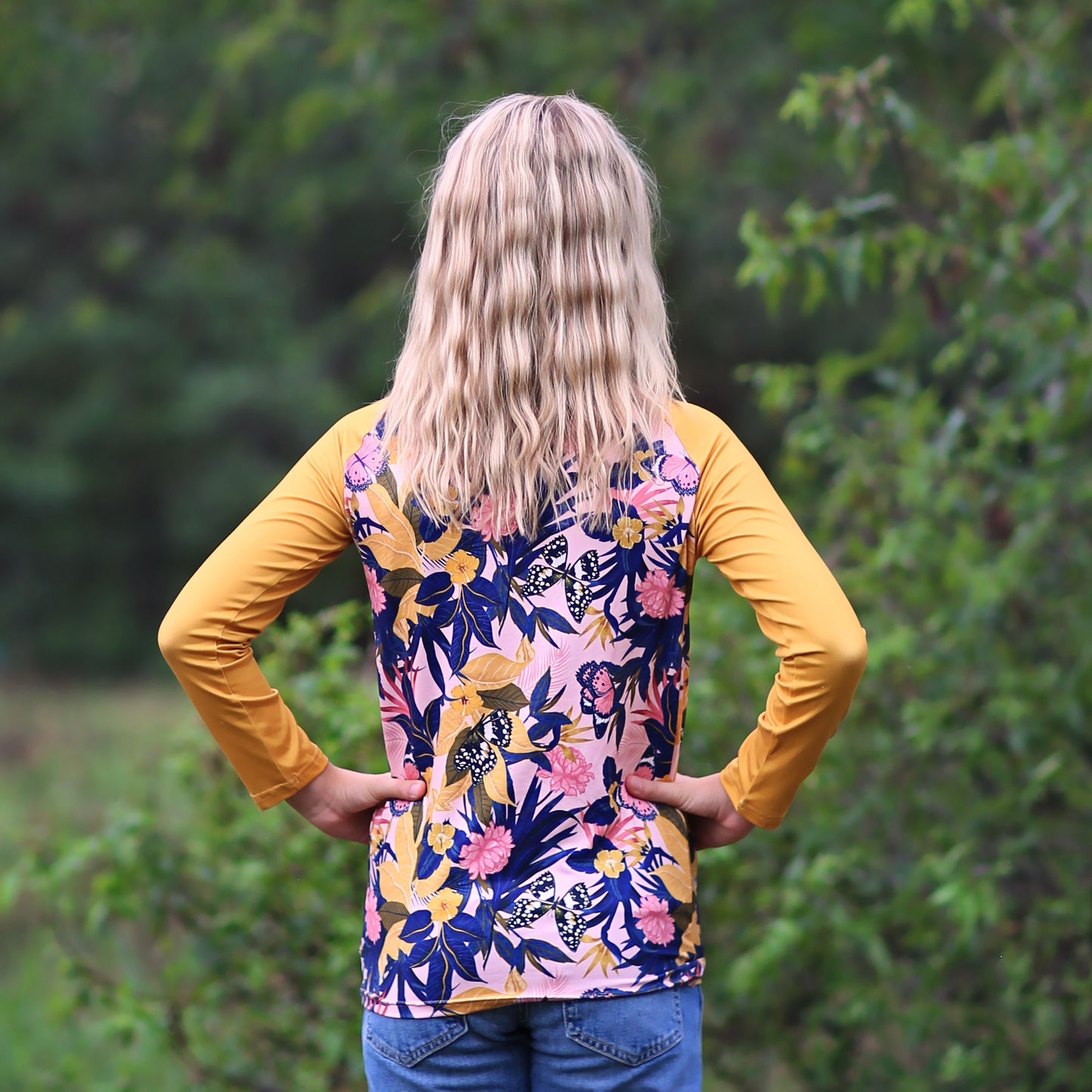 Girls Yellow an Navy Raglan Shirt - baseball tee, floral shirt, roses, flowers, henley tee, raglan shirt, gift for her, girl birthday gift