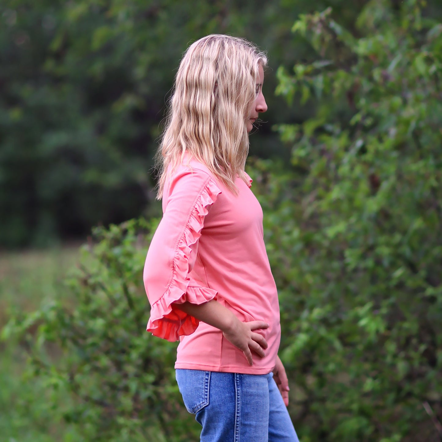 Girls Coral Ruffled Sleeve Shirt - coral shirt, pink shirt, ruffled shirt, girls shirt, school shirt, gift for her, 3/4 sleeve ruffled shirt