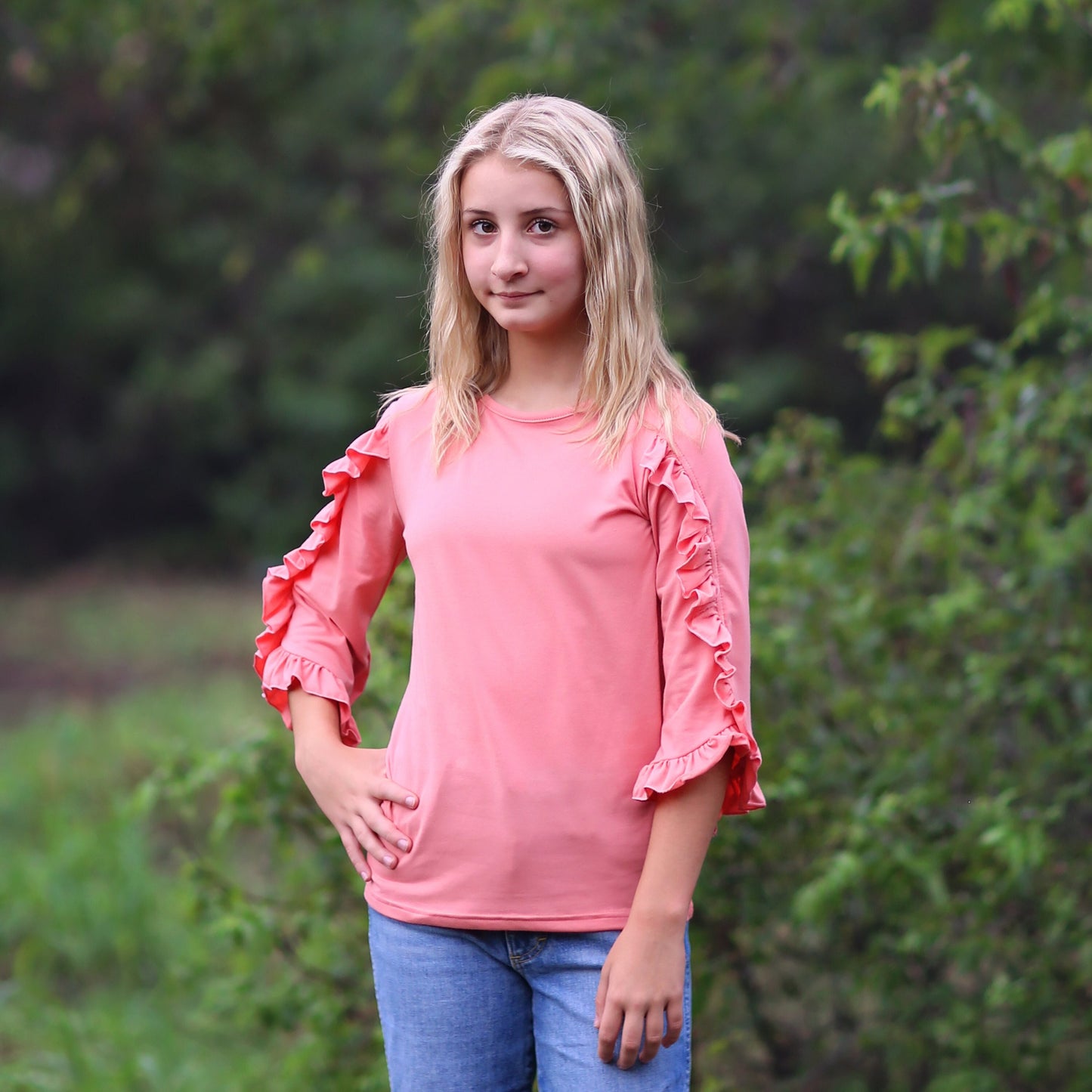 Girls Coral Ruffled Sleeve Shirt - coral shirt, pink shirt, ruffled shirt, girls shirt, school shirt, gift for her, 3/4 sleeve ruffled shirt