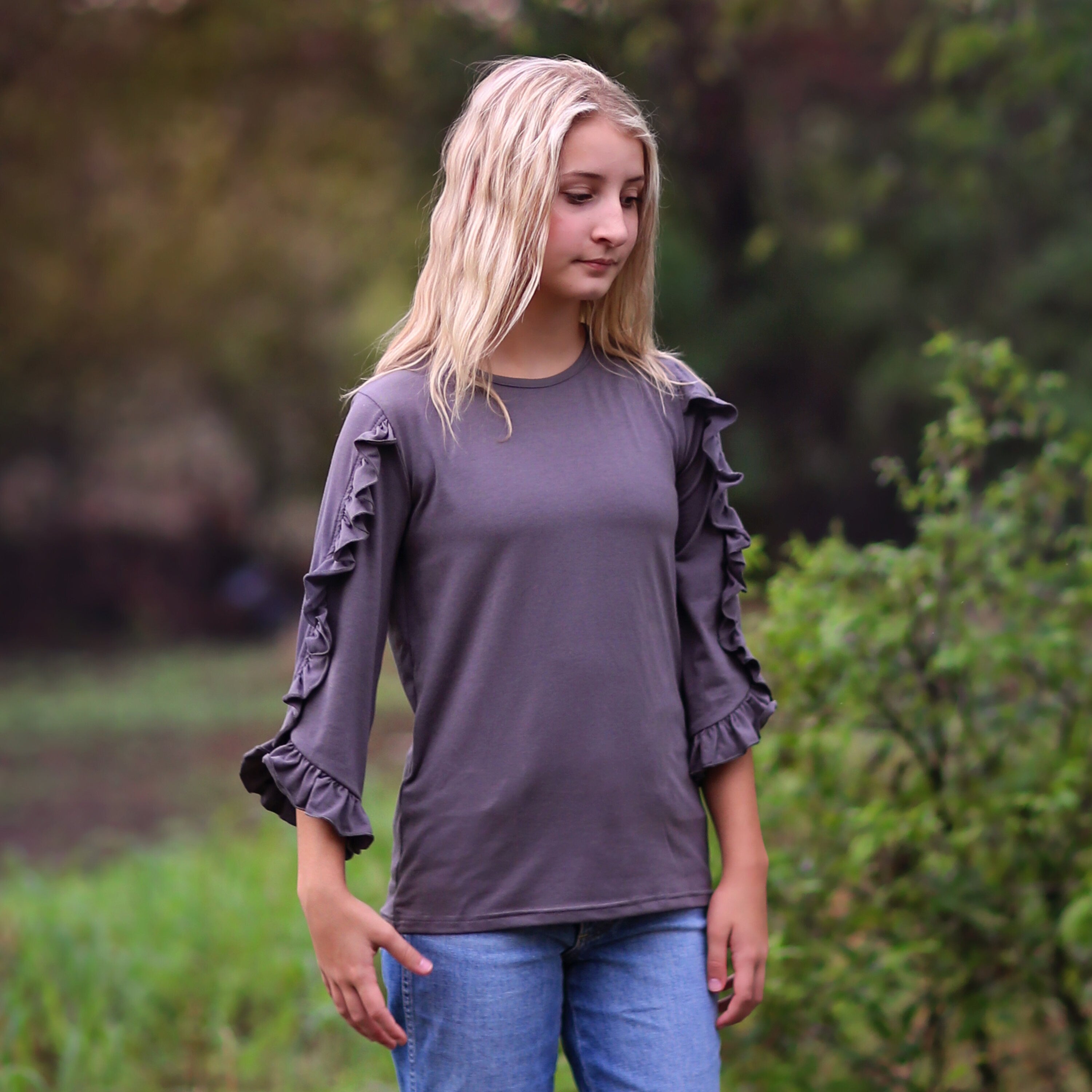 Girls Charcoal Gray Ruffled Sleeve Shirt - gray shirt, ruffled shirt, girls shirt, school shirt, gift for her tee, 3/4 sleeve ruffled shirt