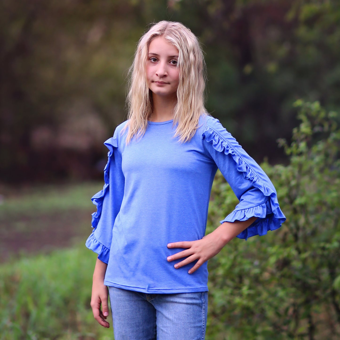 Girls Periwinkle Ruffled Sleeve Shirt - blue shirt, ruffled shirt, girls shirt, school shirt, gift for her tee, 3/4 sleeve ruffled shirt