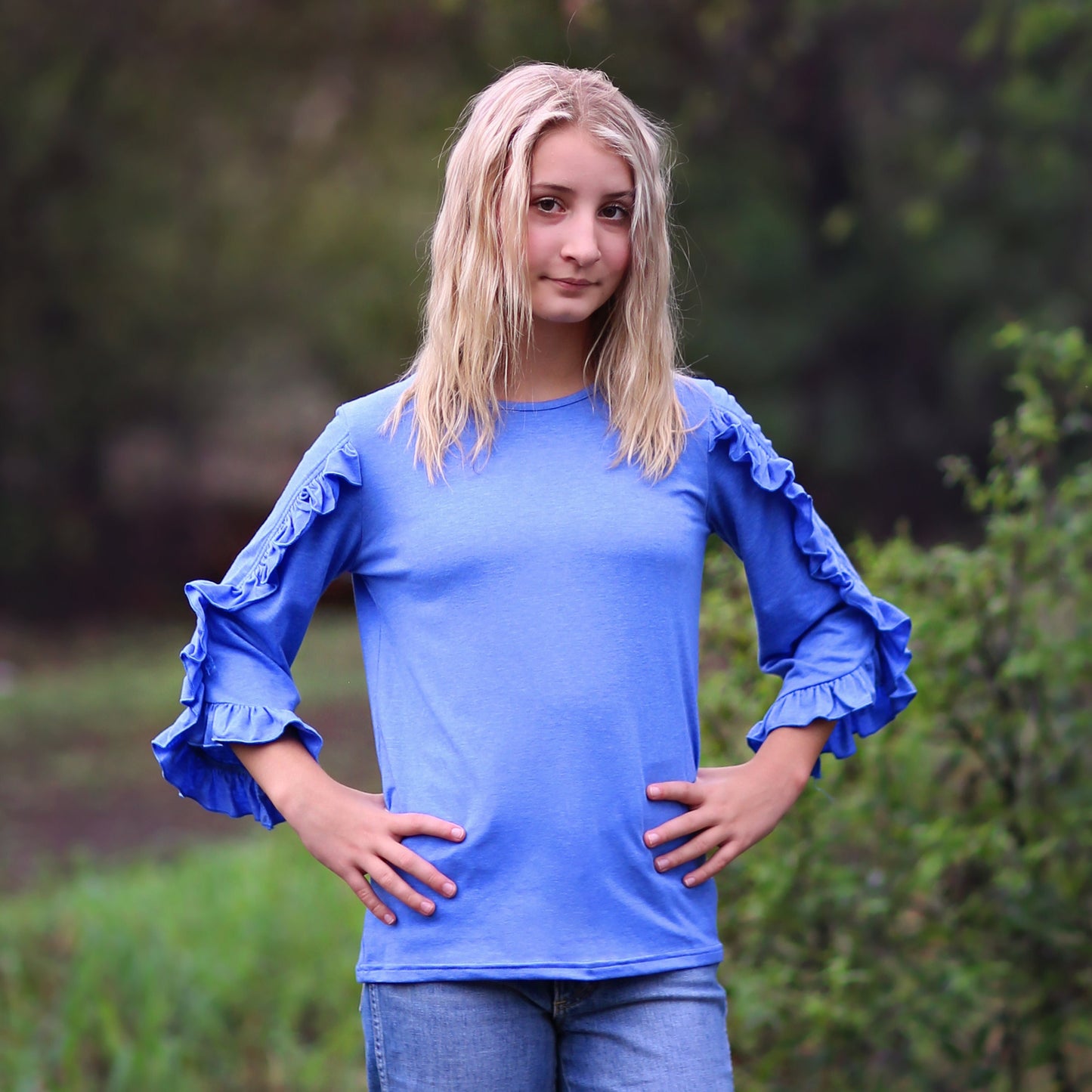 Girls Periwinkle Ruffled Sleeve Shirt - blue shirt, ruffled shirt, girls shirt, school shirt, gift for her tee, 3/4 sleeve ruffled shirt