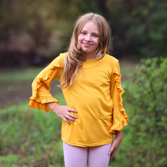 Girls Yellow Ruffled Sleeve Shirt- yellow shirt, yellow ruffled shirt, girls shirt, school shirt, gift for her tee, 3/4 sleeve ruffled shirt