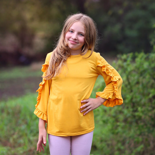 Girls Yellow Ruffled Sleeve Shirt- yellow shirt, yellow ruffled shirt, girls shirt, school shirt, gift for her tee, 3/4 sleeve ruffled shirt