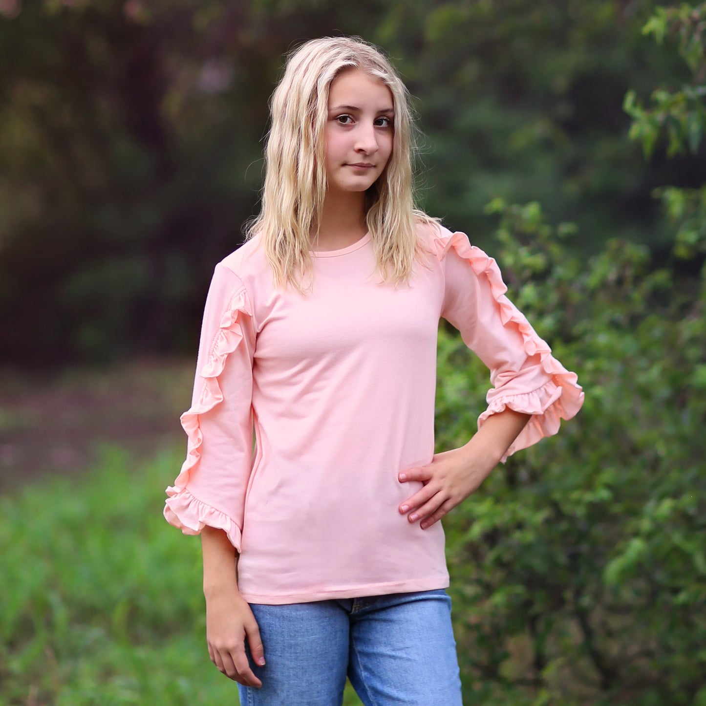 Girls Blush Ruffled Sleeve Shirt - blush shirt, pink shirt, ruffled shirt, girls shirt, school shirt, gift for her, 3/4 sleeve ruffled shirt