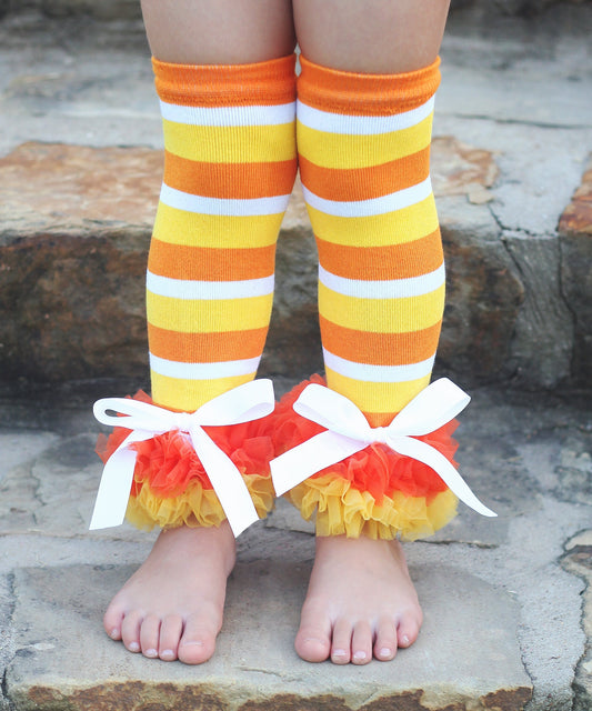 Halloween Candy Corn Ruffled Leg Warmers- candy corn, leg warmers, halloween leg warmers, halloween costume, halloween socks, cute halloween