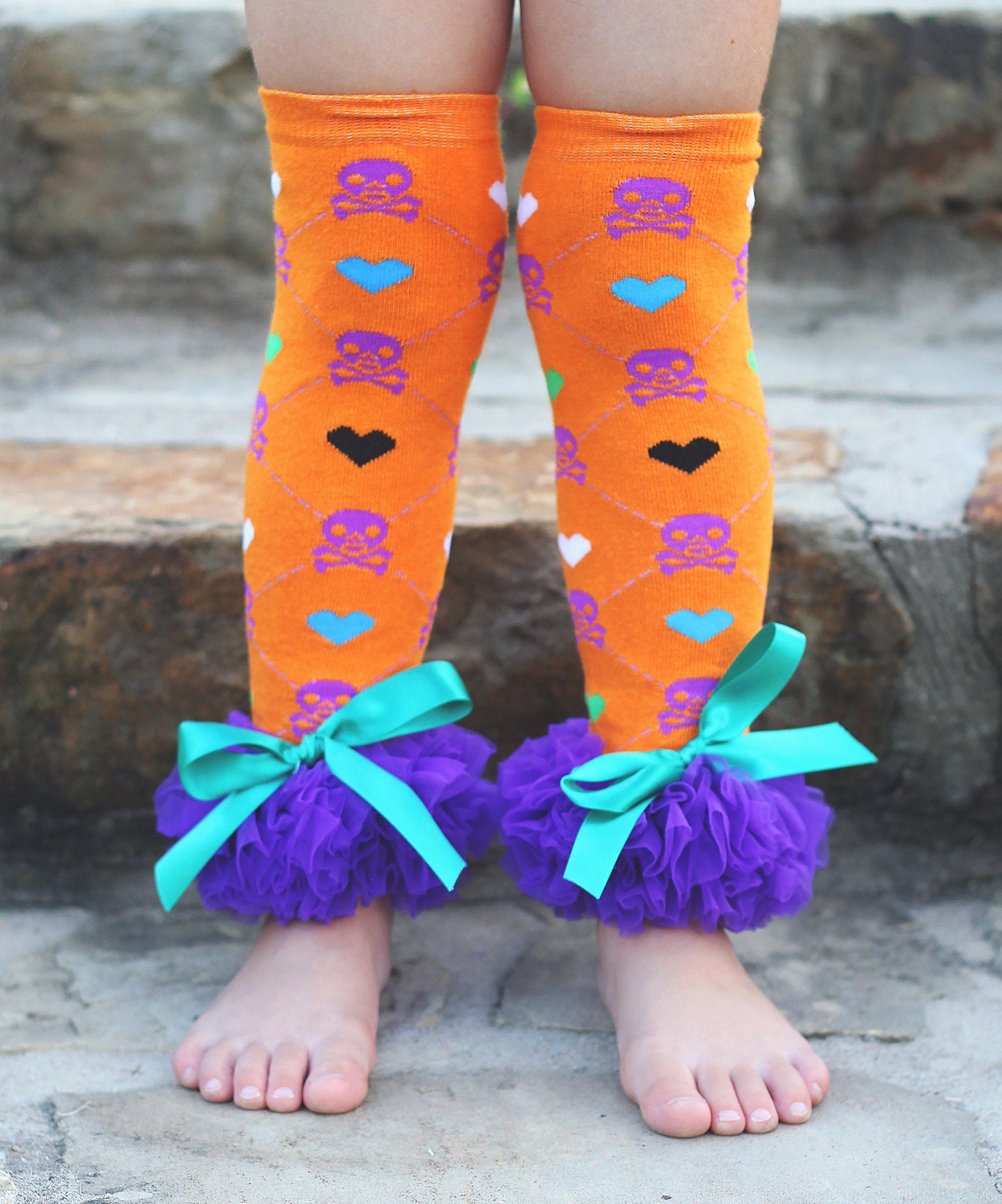 Halloween Orange and Purple Skulls Ruffled Leg Warmers- skulls, halloween leg warmers, halloween costume, halloween sock, girls skull socks