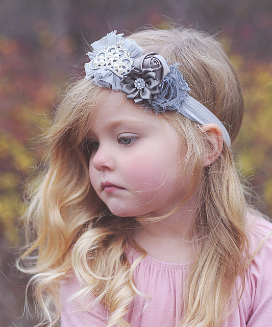 Girls Gray Tiara Floral Headband -Bow Headband - birthday headband, tiara headband, tiara hair accessory, girl birthday gift, bow, tiara