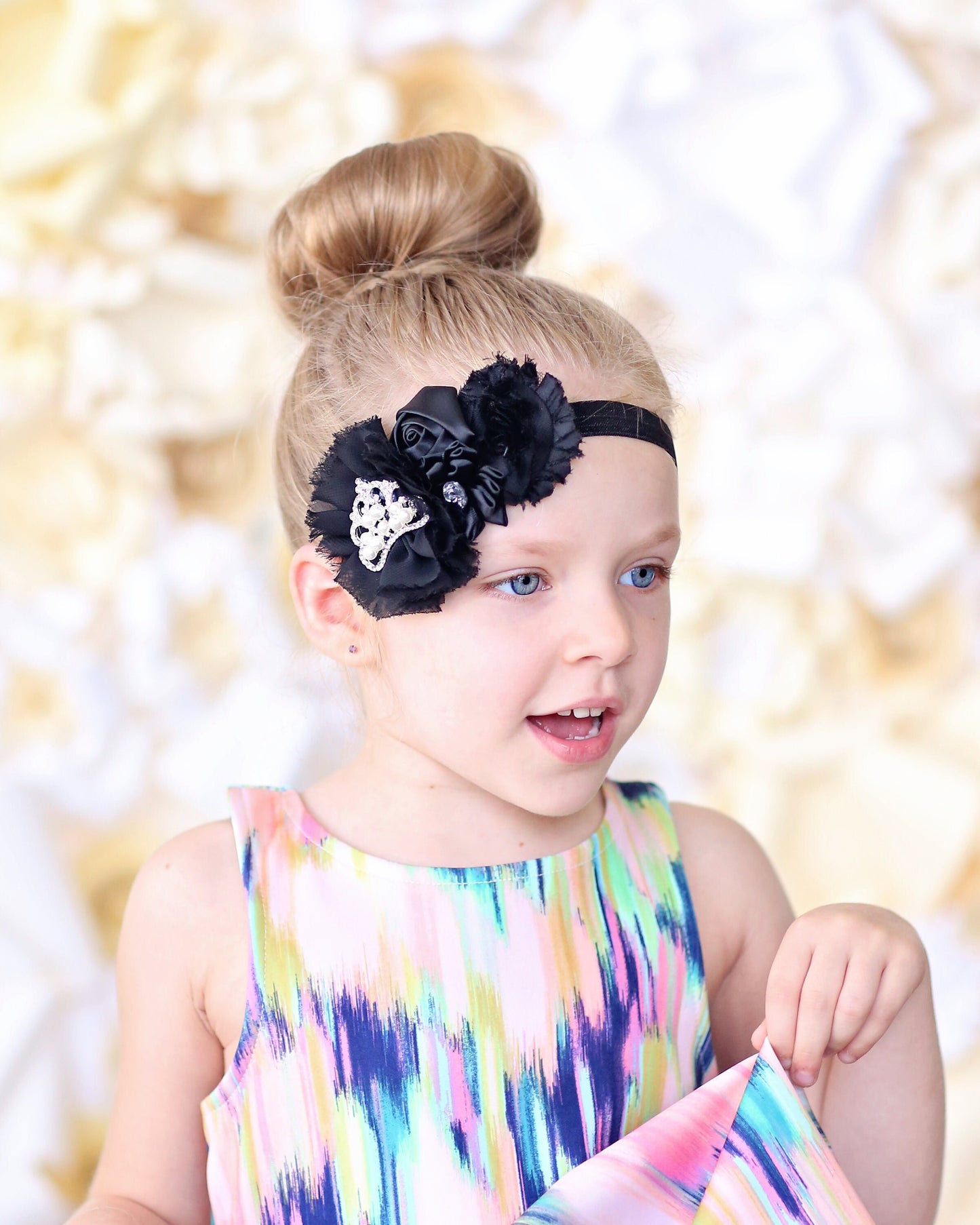 Girls Black Tiara Floral Headband -Bow Headband - birthday headband, tiara headband, tiara hair accessory, girl birthday gift, bow, tiara