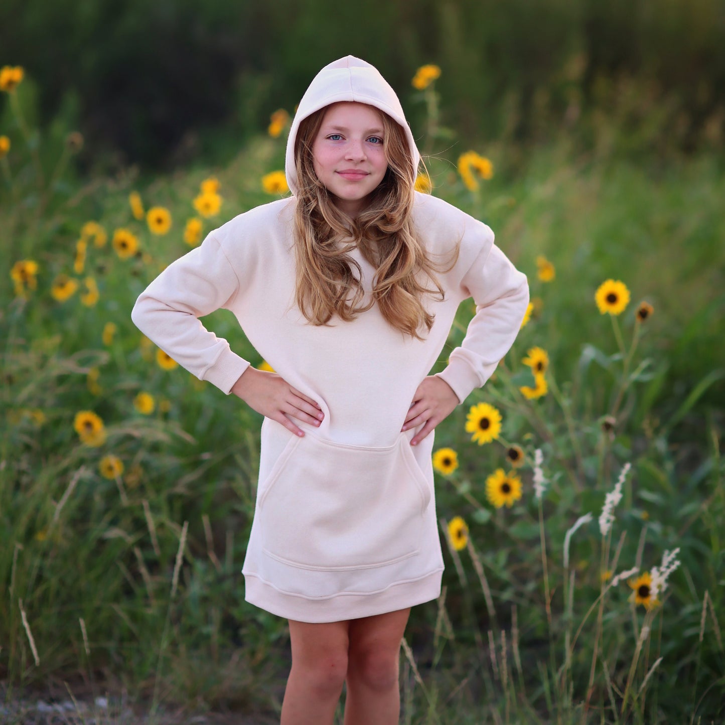 Girls Cream Hoodie Dress - off white dress, beige hoodie, hoodie dress, cream fall dress, basic hoodie dress, sweatshirt dress, jersey dress