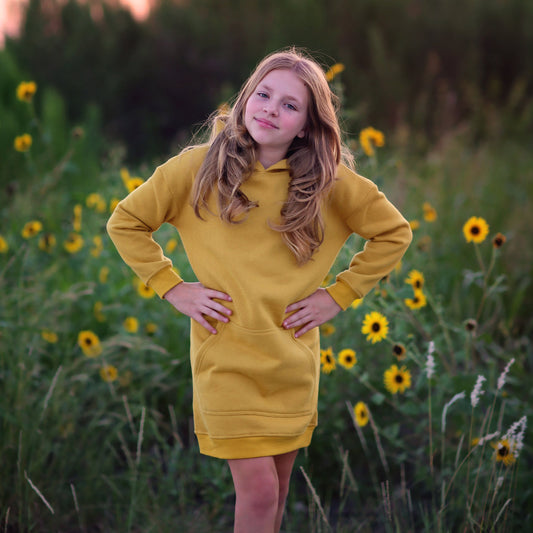 Girls Yellow Hoodie Dress- yellow hoodie, yellow hoodie dress, fall dress, basic hoodie dress, yellow sweatshirt dress, yellow jersey dress