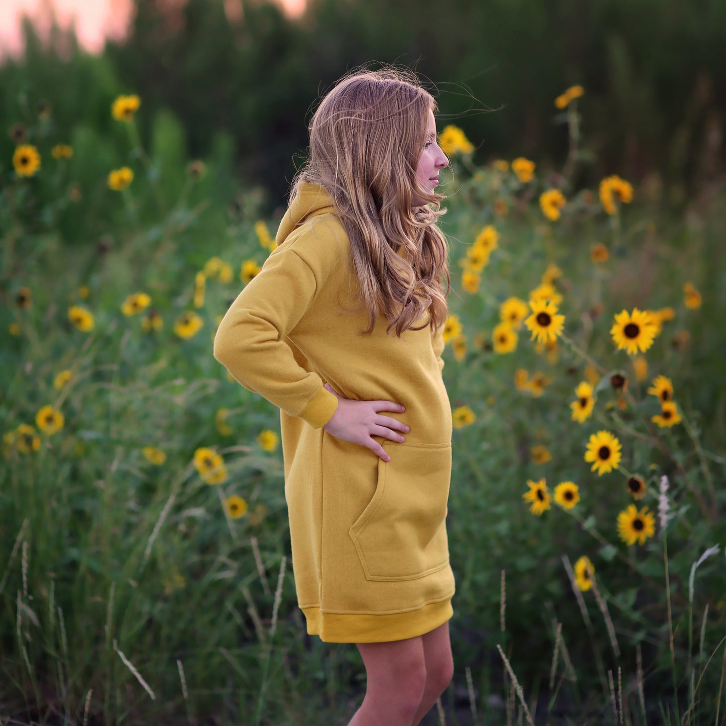 Girls Yellow Hoodie Dress- yellow hoodie, yellow hoodie dress, fall dress, basic hoodie dress, yellow sweatshirt dress, yellow jersey dress