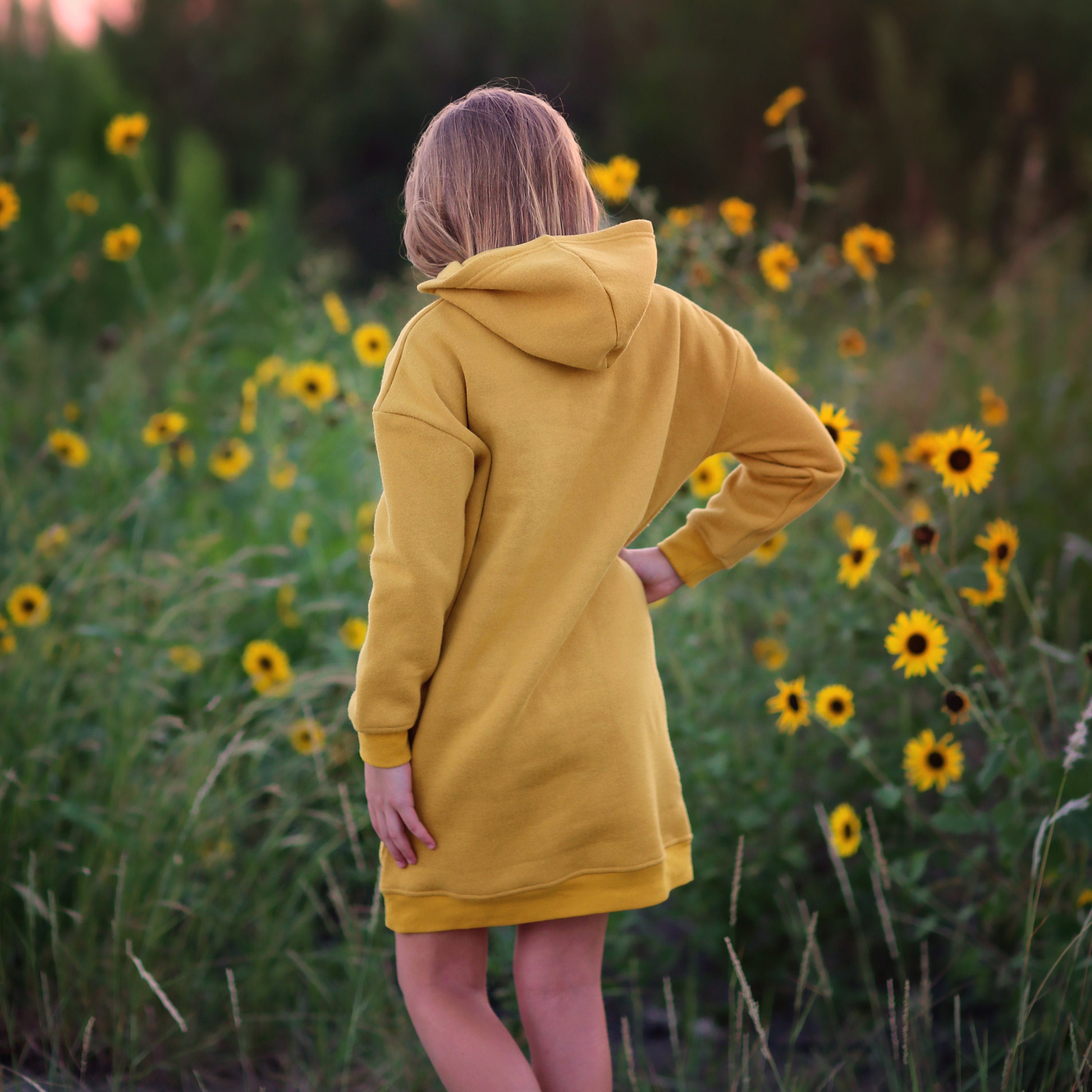 Girls Yellow Hoodie Dress- yellow hoodie, yellow hoodie dress, fall dress, basic hoodie dress, yellow sweatshirt dress, yellow jersey dress