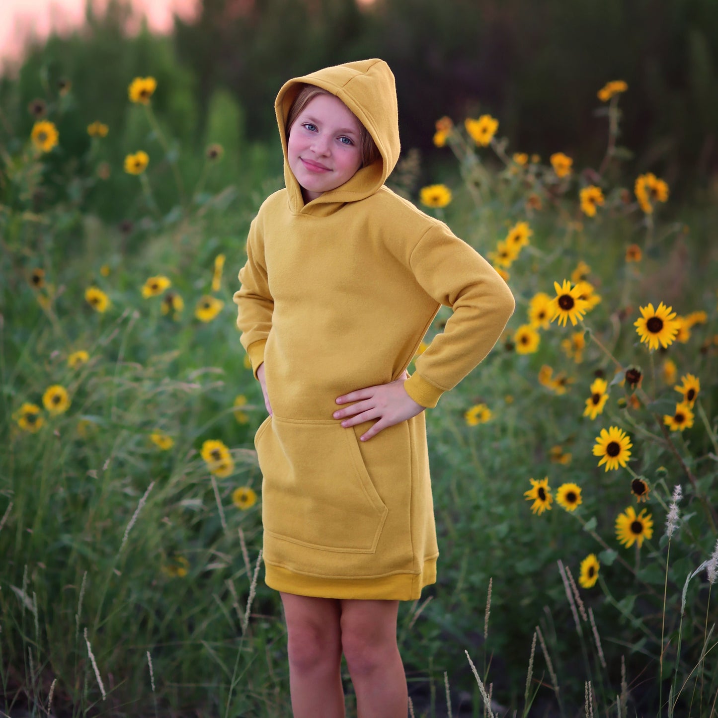 Girls Yellow Hoodie Dress- yellow hoodie, yellow hoodie dress, fall dress, basic hoodie dress, yellow sweatshirt dress, yellow jersey dress