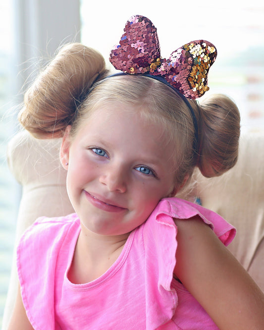 Pink and Gold Flip Sequin Big Bow Headband - Bow Headband, Birthday Crown, bow, birthday, Pink Reversible Sequins, pink crown headband, pink