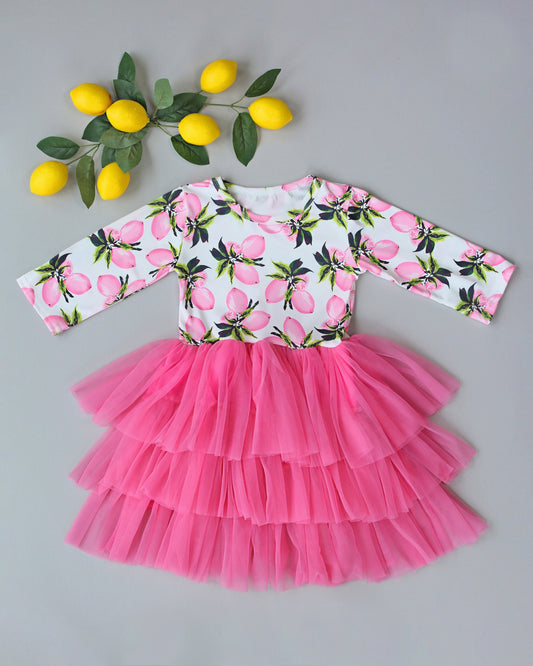 3/4 Sleeve Tutu Dress in Pink and Green Lemons