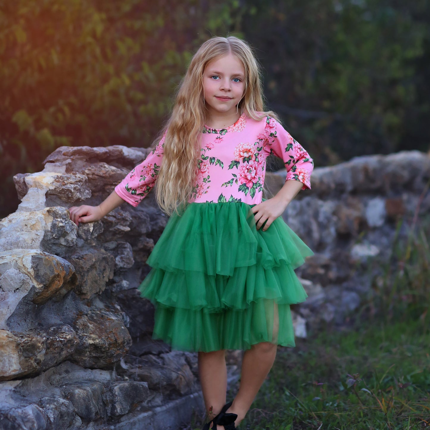 3/4 Sleeve Tutu Dress in Green and Pink Floral