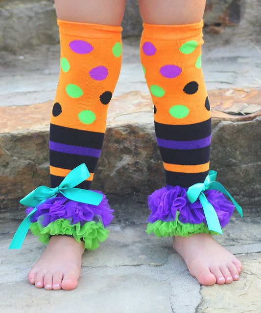 Halloween Polka Dot and Striped Ruffled Leg Warmers- dots, halloween leg warmers, halloween costume, halloween sock, girls halloween socks