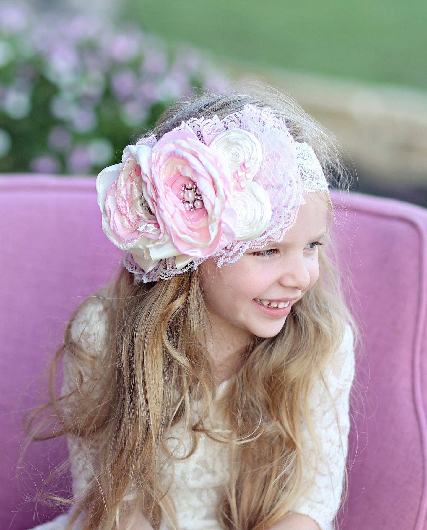 Pink and  Ivory Large Flower Headband- Flower Headband, Flower Crown, Flower Headpiece, Flower Headband, Boho Flower Crown, Flower girl band