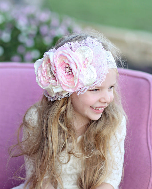 Pink and Ivory Large Flower Headband- Flower Headband, Flower Crown, Flower Headpiece, Flower Headband, Boho Flower Crown, Flower girl band