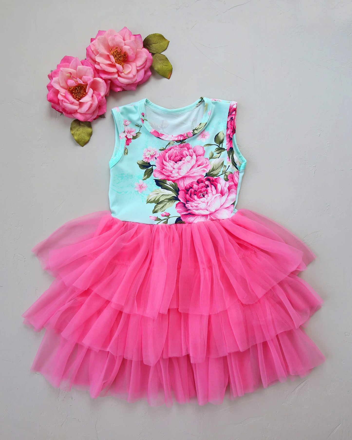 Tutu Dress in Aqua with Pink Roses