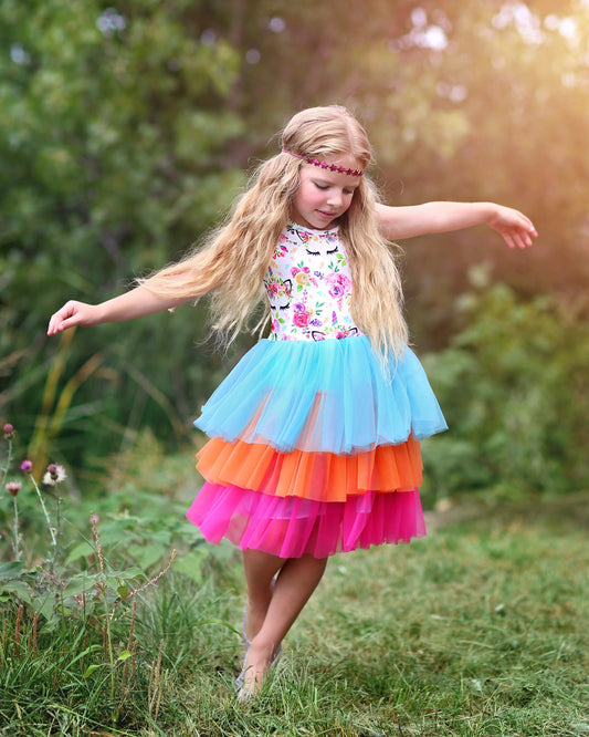 Tutu Dress in Pink, Orange and Turquoise Unicorn