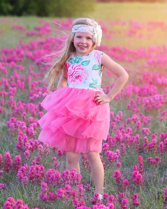 Tutu Dress in Blush with Pink Roses