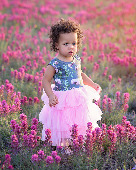 Tutu Dress in Pink and Gray Poppies