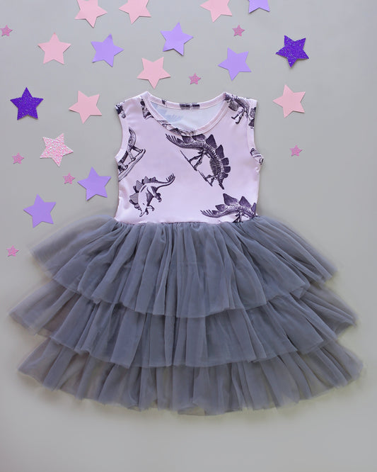 Pink and Gray Dino Tutu Dress- Girls Tutu Dress, Gray Dinosaur Tutu Dress, Birthday Dress, Pink Dress, Pink Gray Twirly Dress, dino dress