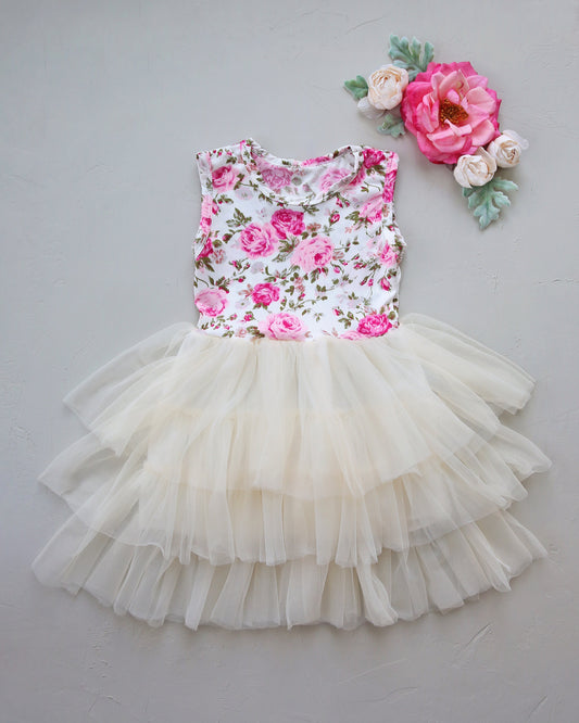 Tutu Dress in Cream with Pink Tiny Roses