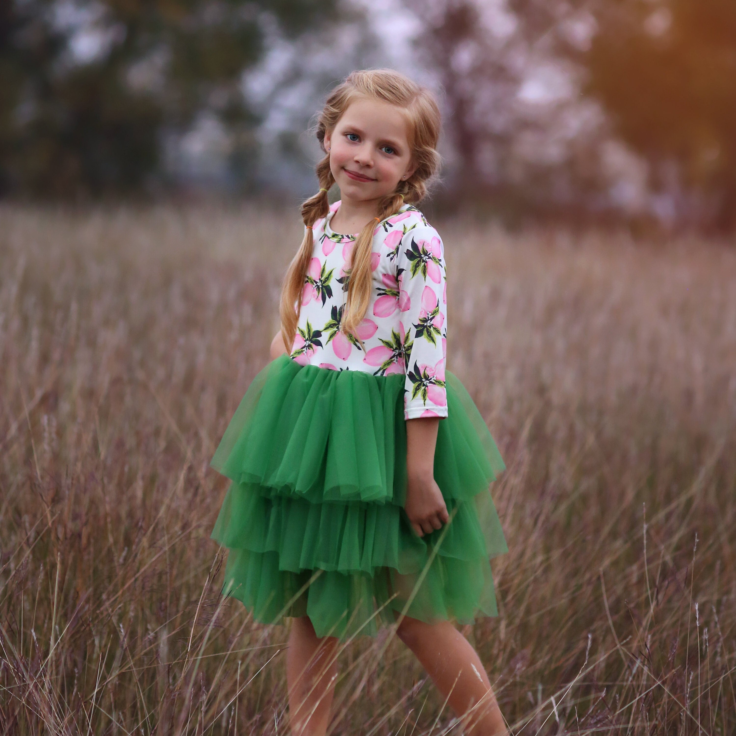 3/4 Sleeve Tutu Dress in Pink and Green Lemons