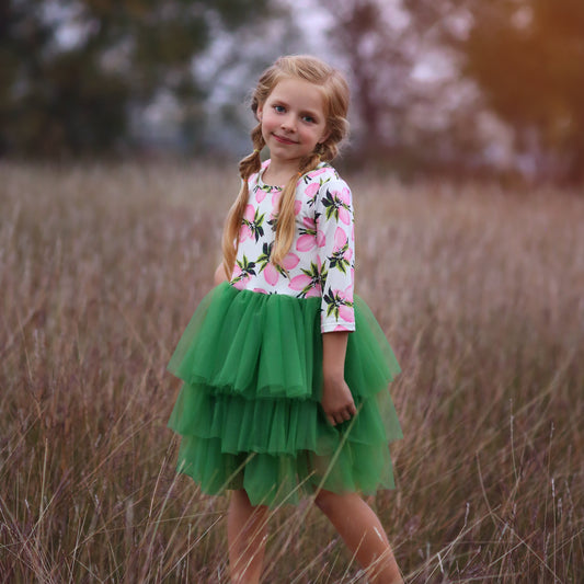 3/4 Sleeve Tutu Dress in Pink and Green Lemons