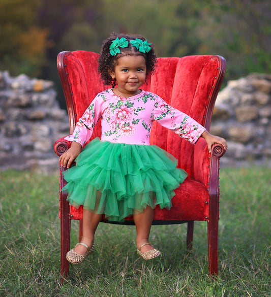 3/4 Sleeve Tutu Dress in Green and Pink Floral