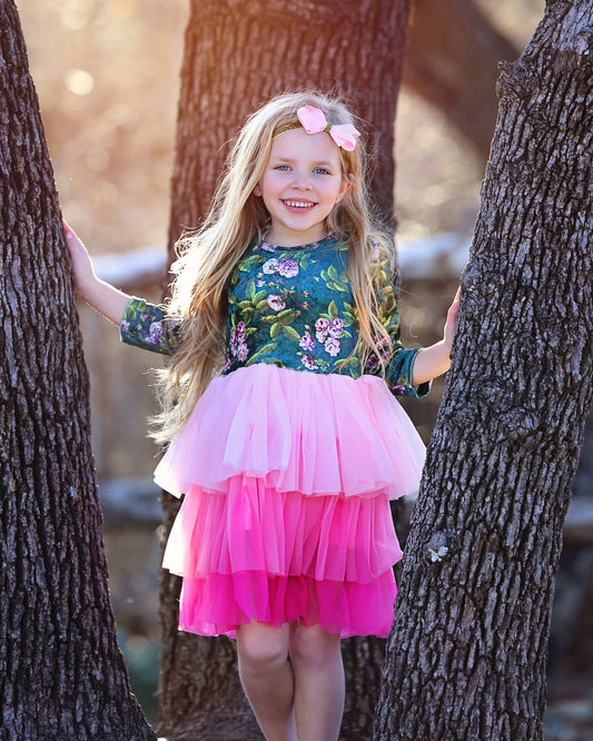 3/4 Sleeve Tutu Dress in Pink Ombre and Green Velvet Floral